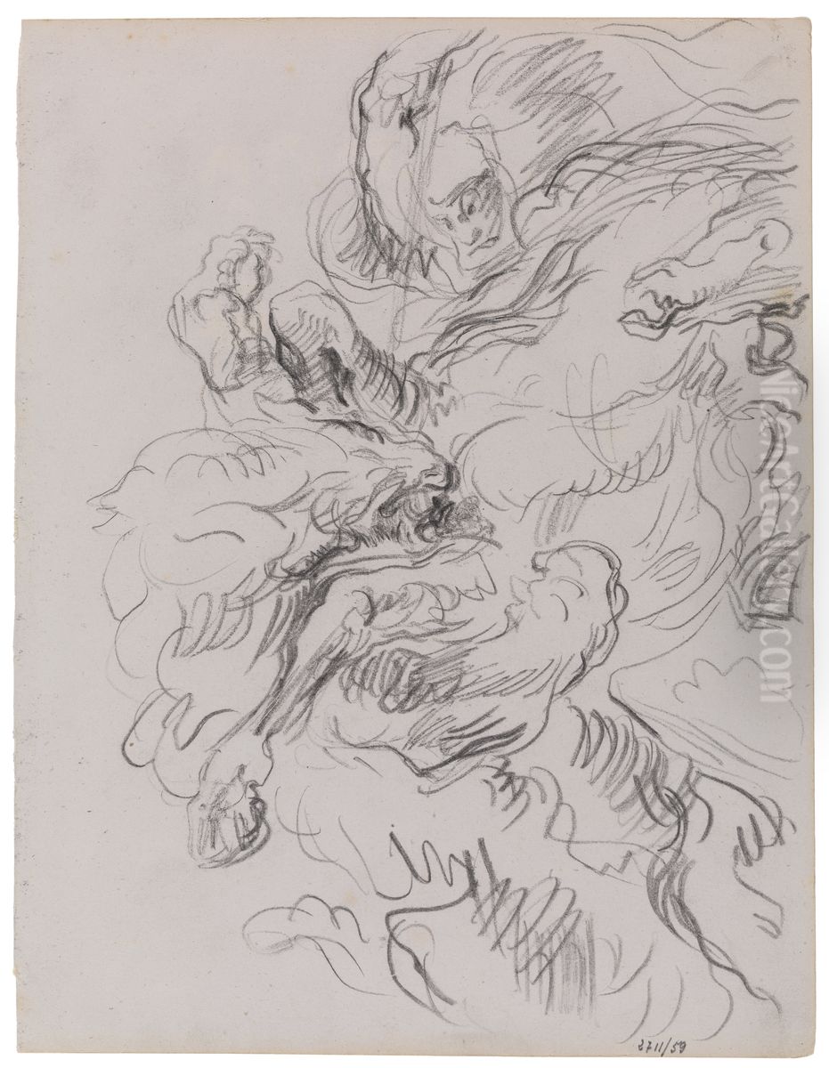 Arabische ruiter door leeuw aangevallen Oil Painting by James Ensor