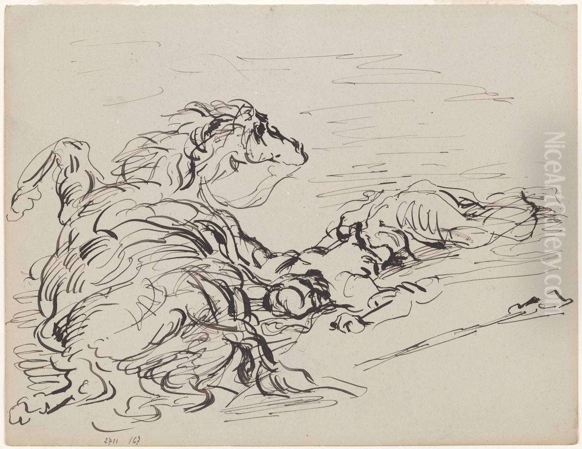 Gevallen Arabische ruiter met steigerend paard Oil Painting by James Ensor