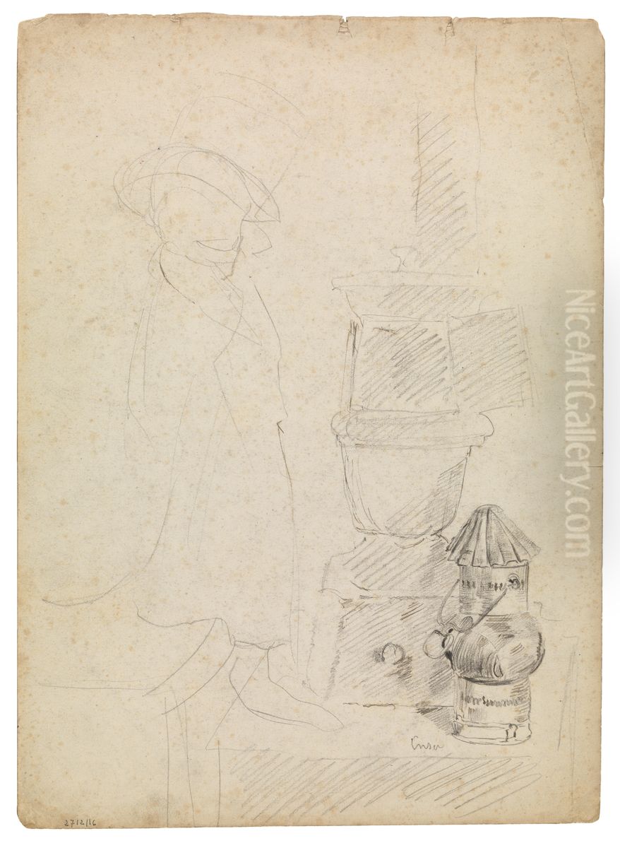 Geraamte dat zich wil verwarmen Oil Painting by James Ensor