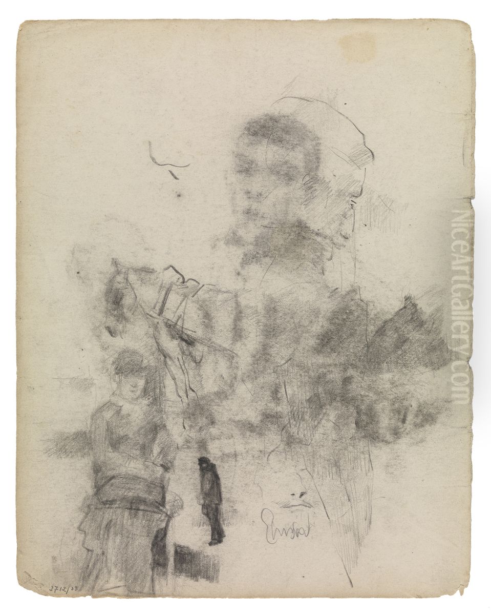 Vrouw - man en paard Oil Painting by James Ensor