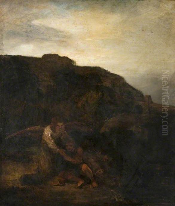 Tobias and the Angel in a Landscape Oil Painting by Rembrandt