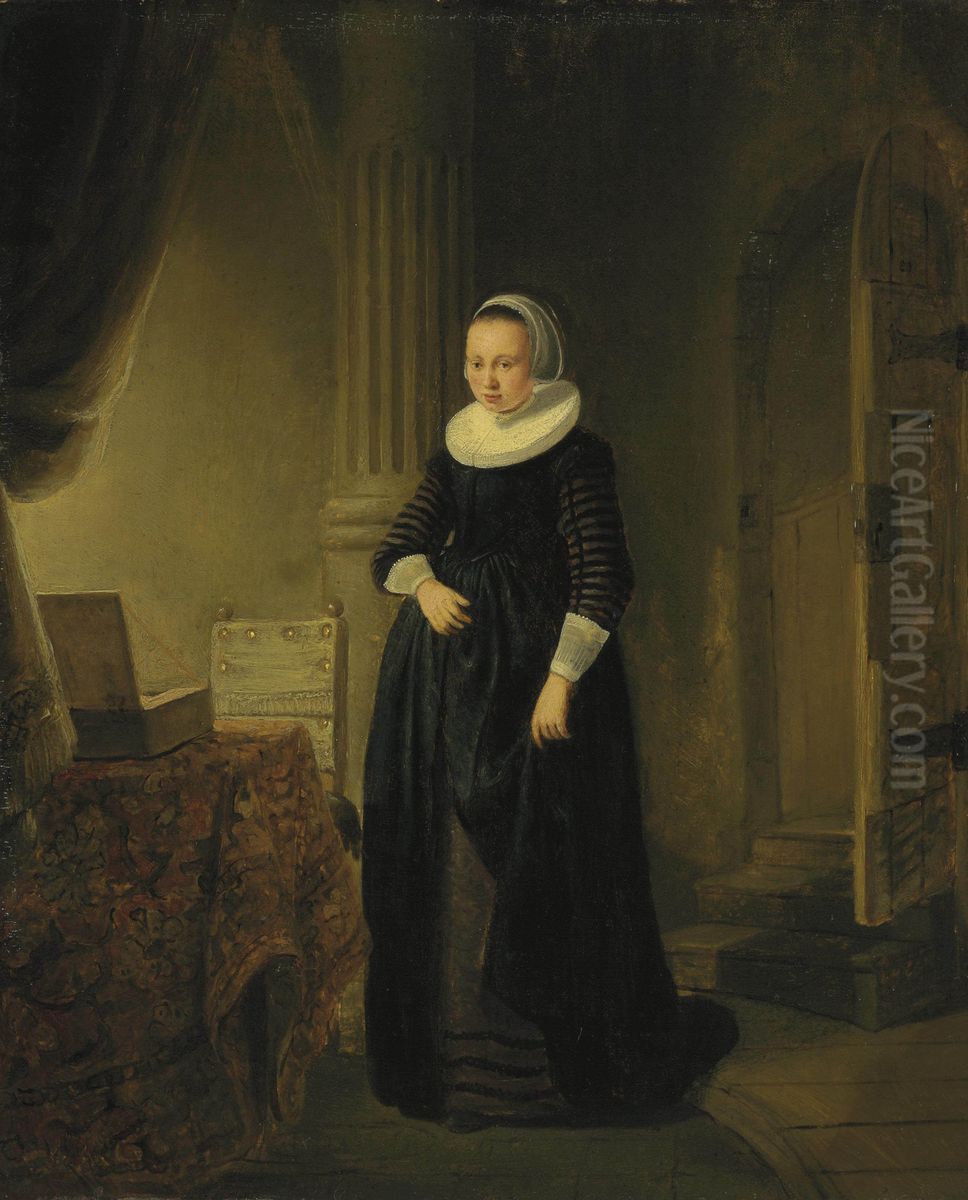 Portrait of a woman, standing full length in an interior Oil Painting by Rembrandt
