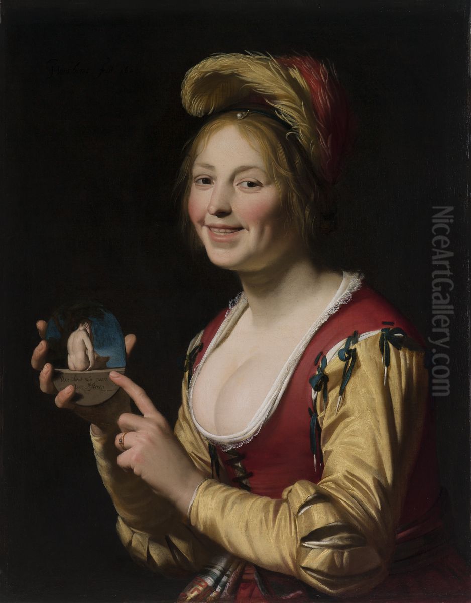 Smiling Girl, a Courtesan, Holding an Obscene Image Oil Painting by Gerard van Honthorst