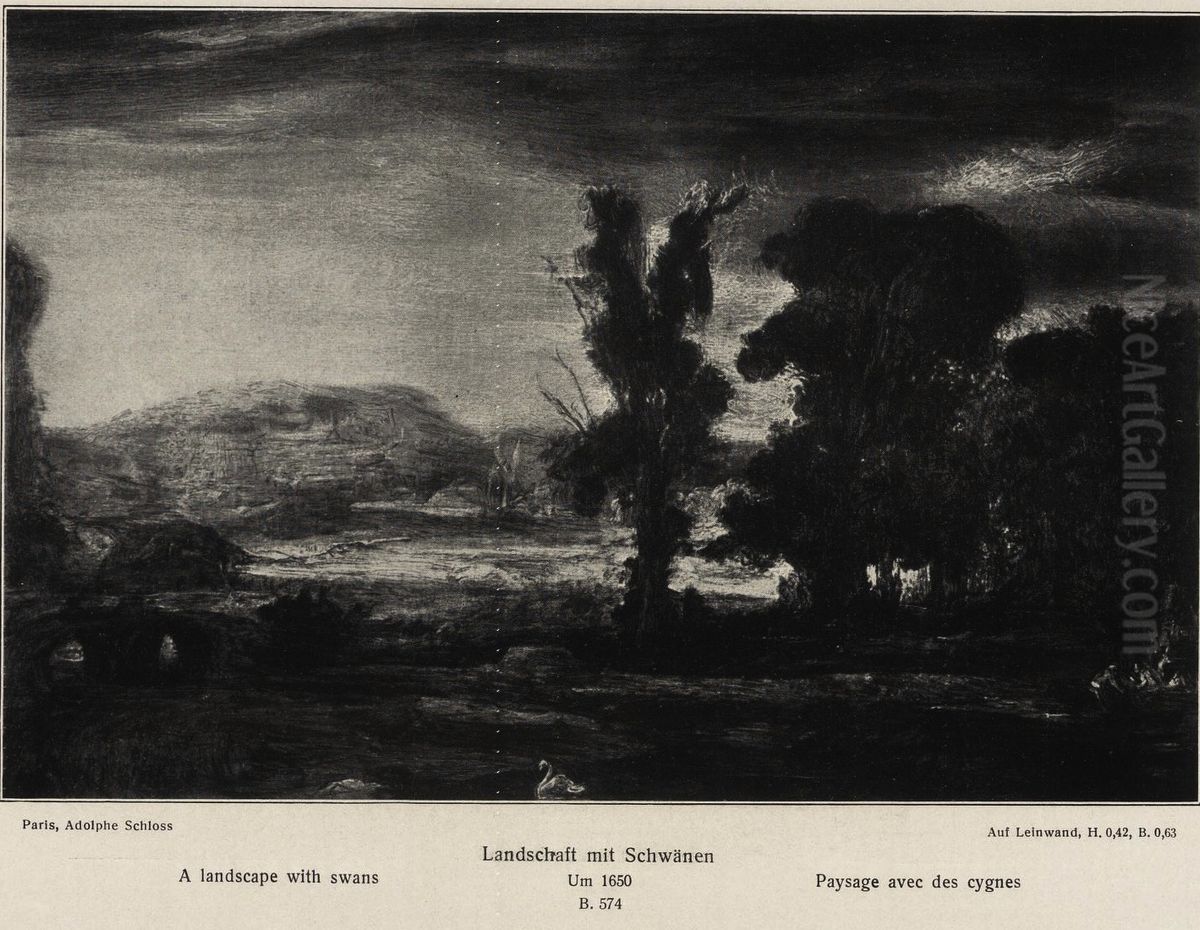 Landscape with swans Oil Painting by Rembrandt