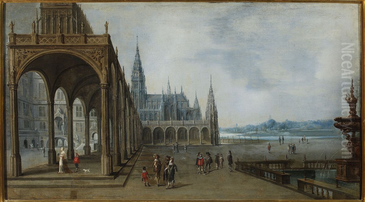 Fantastical architecture - palace courtyard with a Gothic church at the back Oil Painting by Hendrick Aerts