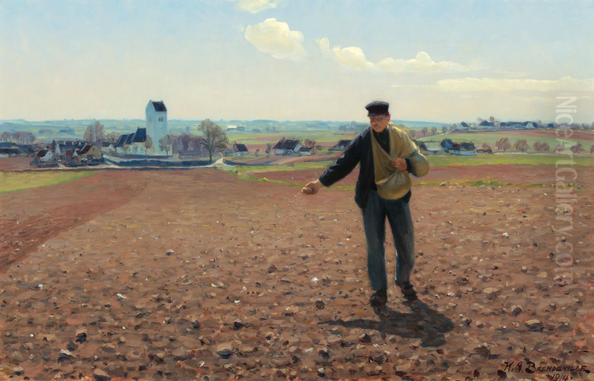 A sower of the field on a sunny spring day at Brendekilde Church Oil Painting by H. A. Brendekilde