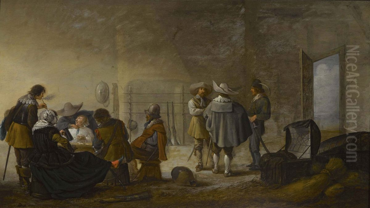 Company of soldiers and women smoking and drinking in a guardroom Oil Painting by Anthonie Palamedesz.