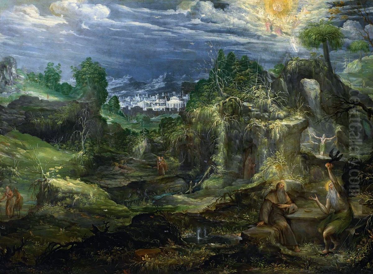 St. Paul of Thebes and St. Anthony Oil Painting by Antonin Stevens