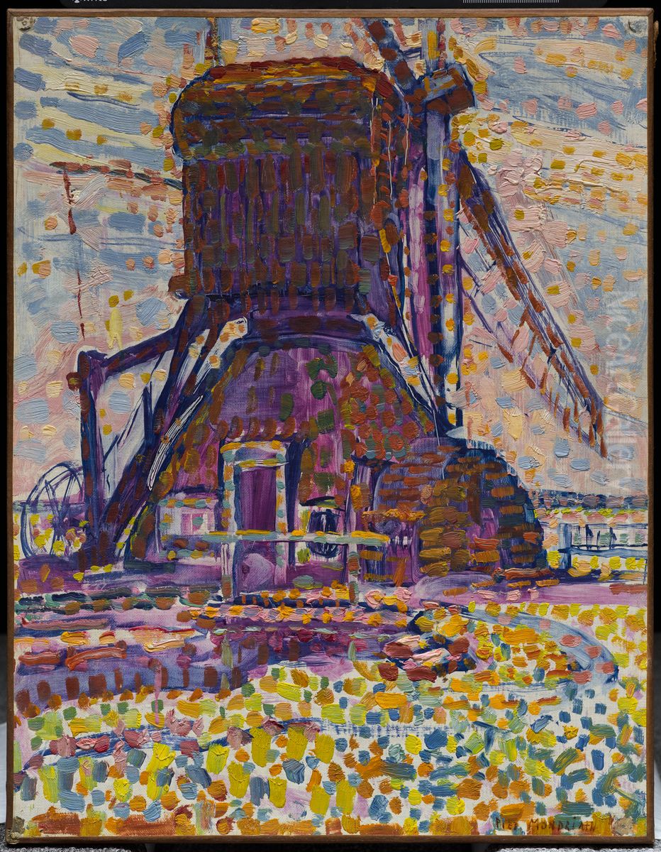 The Winkel Mill, Pointillist Version Oil Painting by Piet Mondrian