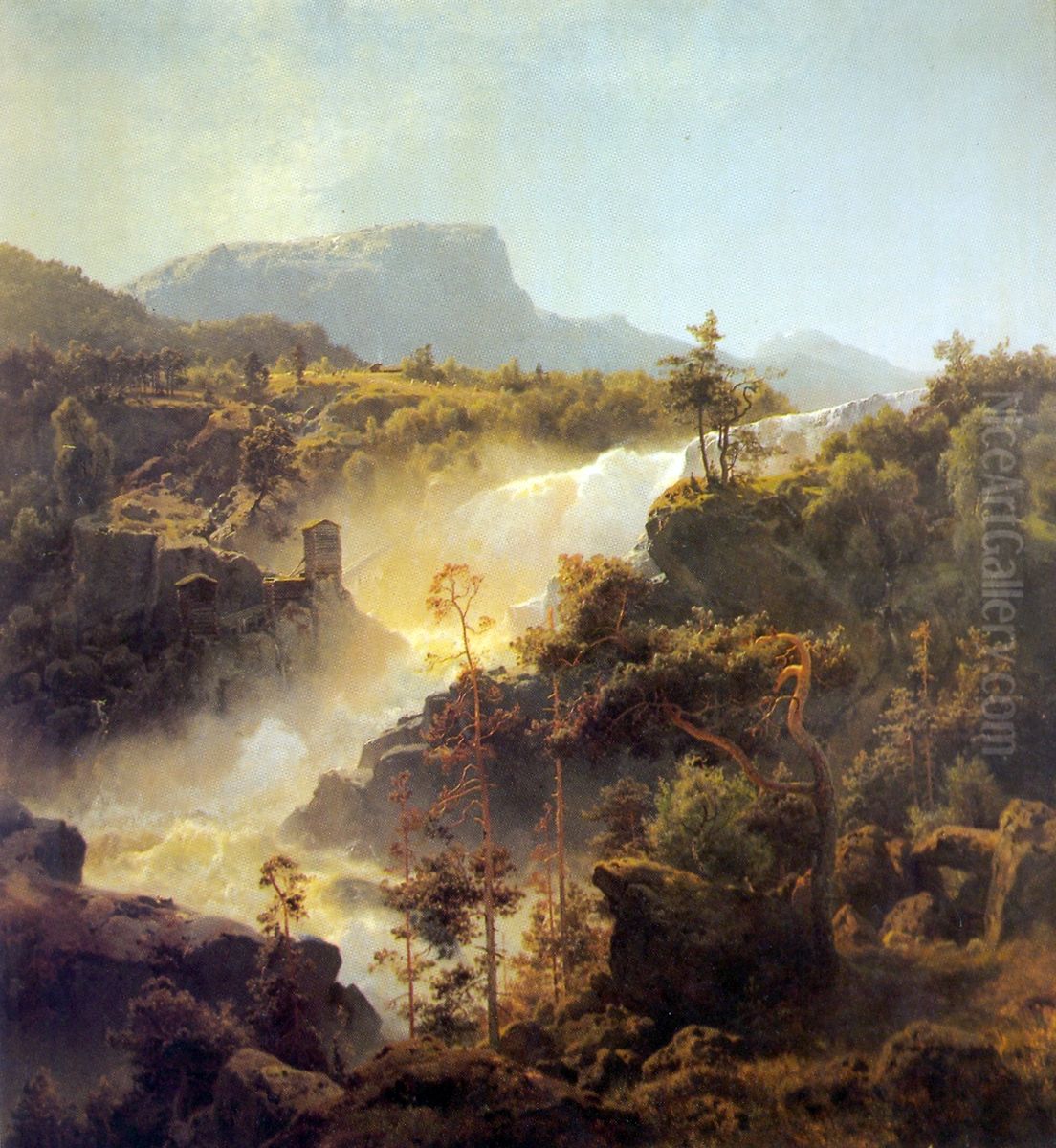 Tessefossen i Vaga i middagsbelysning Oil Painting by Hans Gude