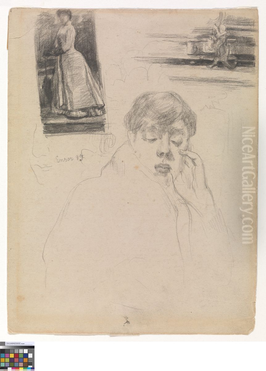 Silhouette of a Woman, Mitche and a Lock Oil Painting by James Ensor