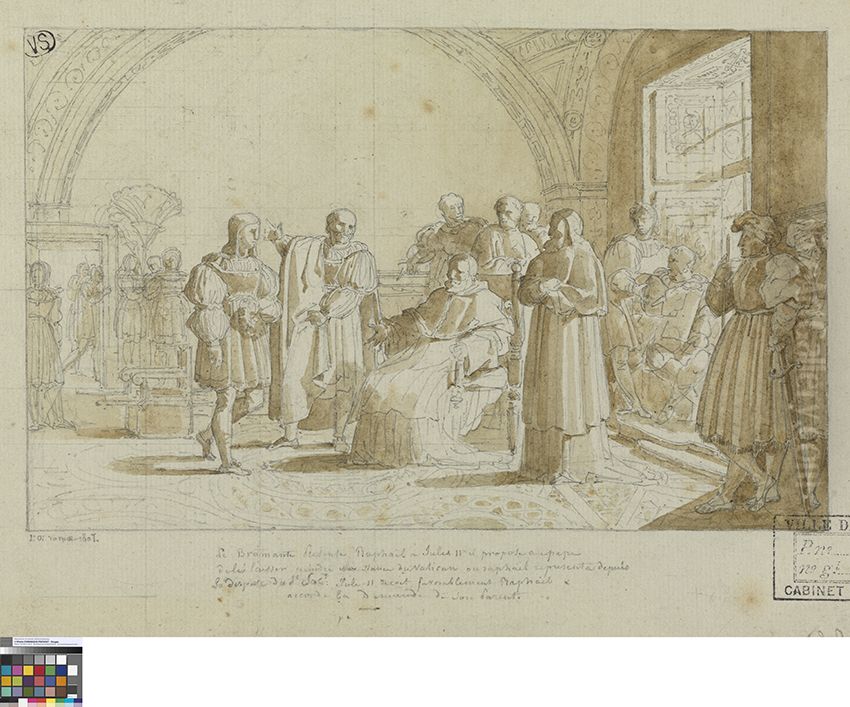 Raphael wordt door Bramante aan paus Julius II voorgesteld Oil Painting by Joseph Dionysius Odevaere