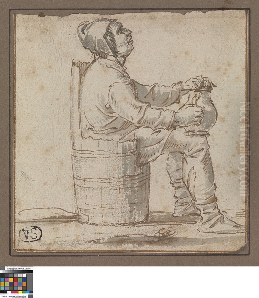 Zittende boer met een kruik in de handen Oil Painting by Hendrik Martenszoon Sorgh