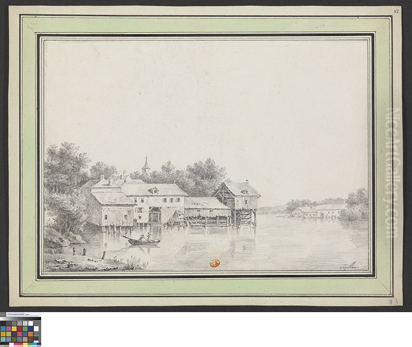 Watermolen aan een meer Oil Painting by Jean-Francois Legillon