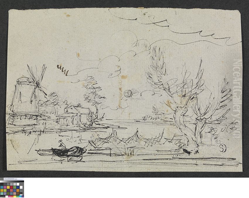 Landschap met windmolen en vissersboot Oil Painting by Pieter-Frans De Noter