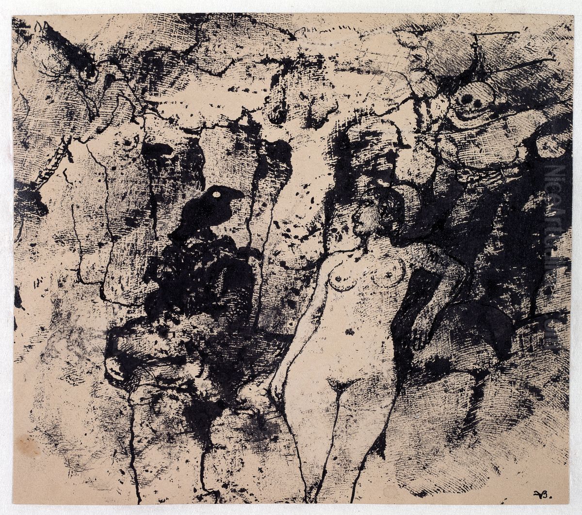 Naakt met rode vogel Oil Painting by Frits Van Den Berghe