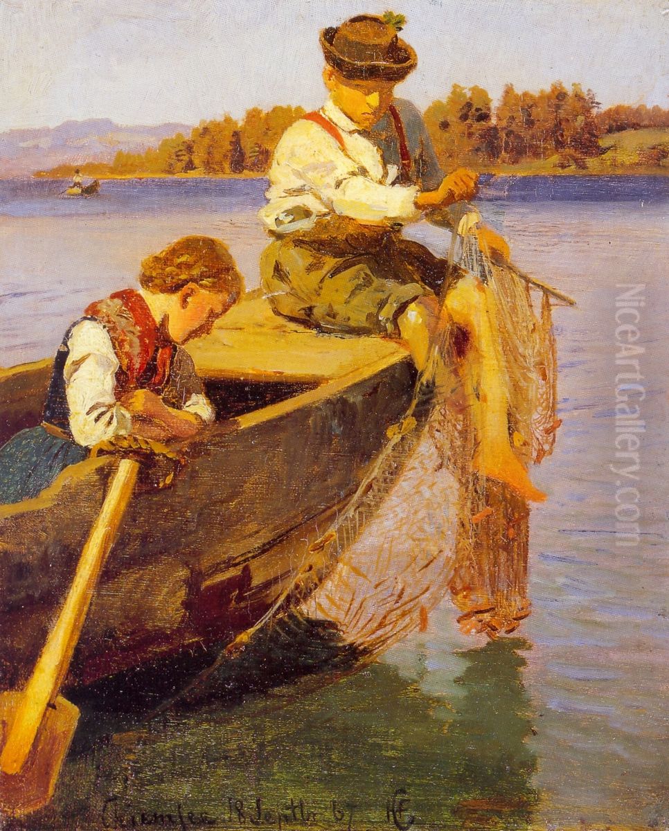 Children fishing Oil Painting by Hans Gude