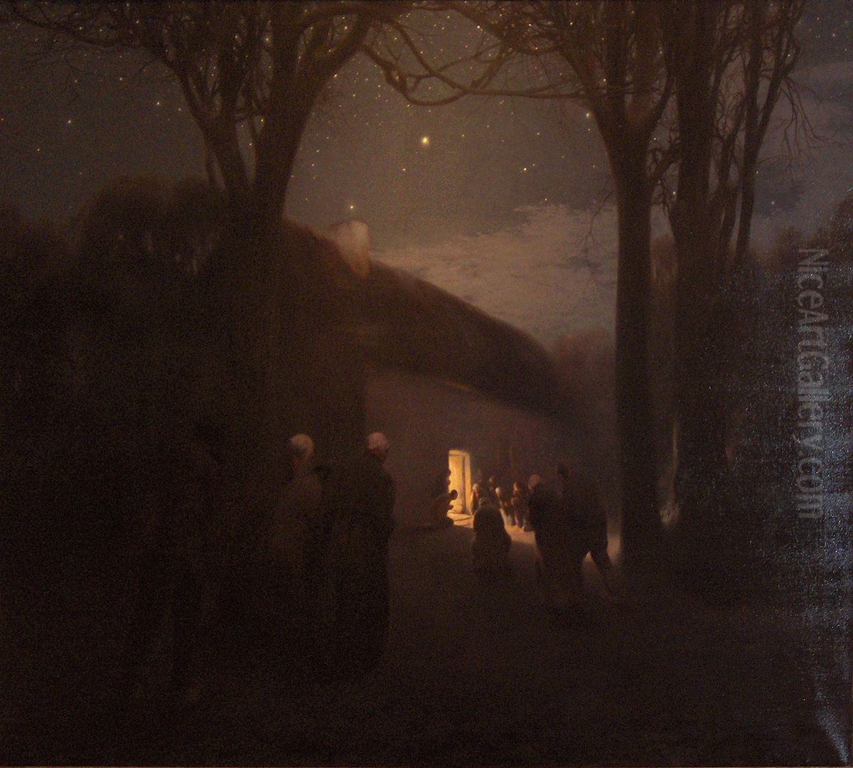 Nachtelijk landschap met kersttafereel in schuur Oil Painting by Firmin Baes