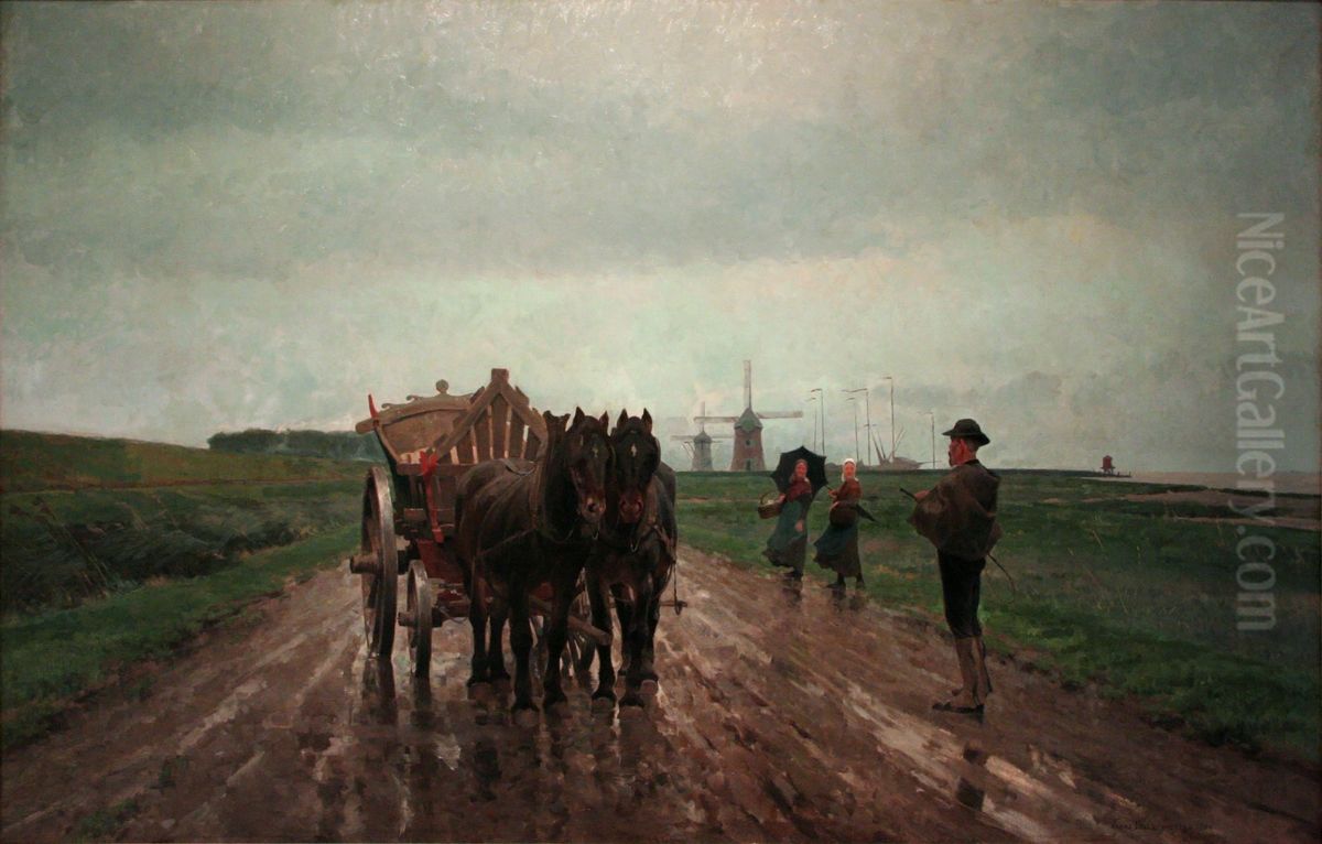 Trekpaarden met kar aan de Beneden-Schelde Oil Painting by Frans Van Leemputten
