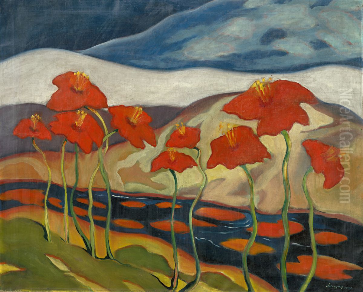 Krajina s kvetmi Oil Painting by Zoltan Palugyay