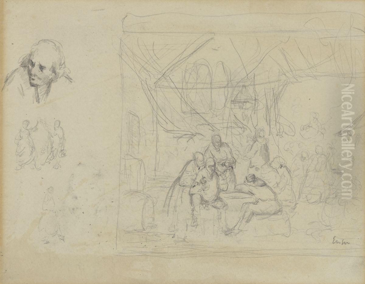 Schets naar oude meester en figuren (recto) Oil Painting by James Ensor