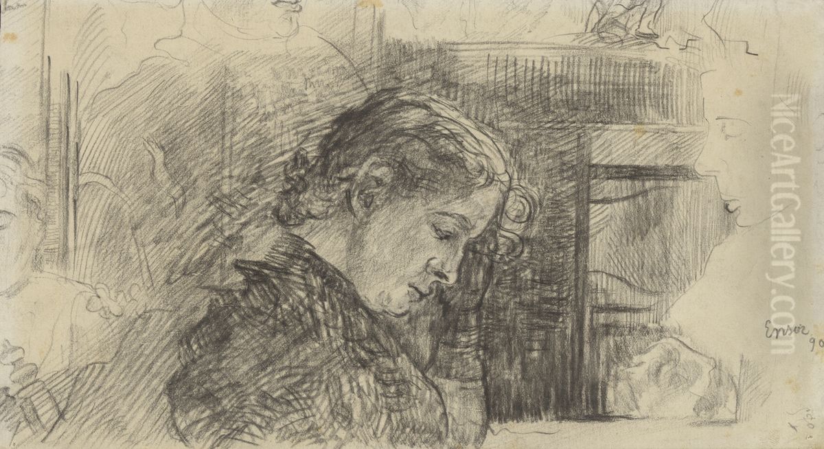 Vrouwenprofiel (Mariette Rousseau) en andere figuren Oil Painting by James Ensor