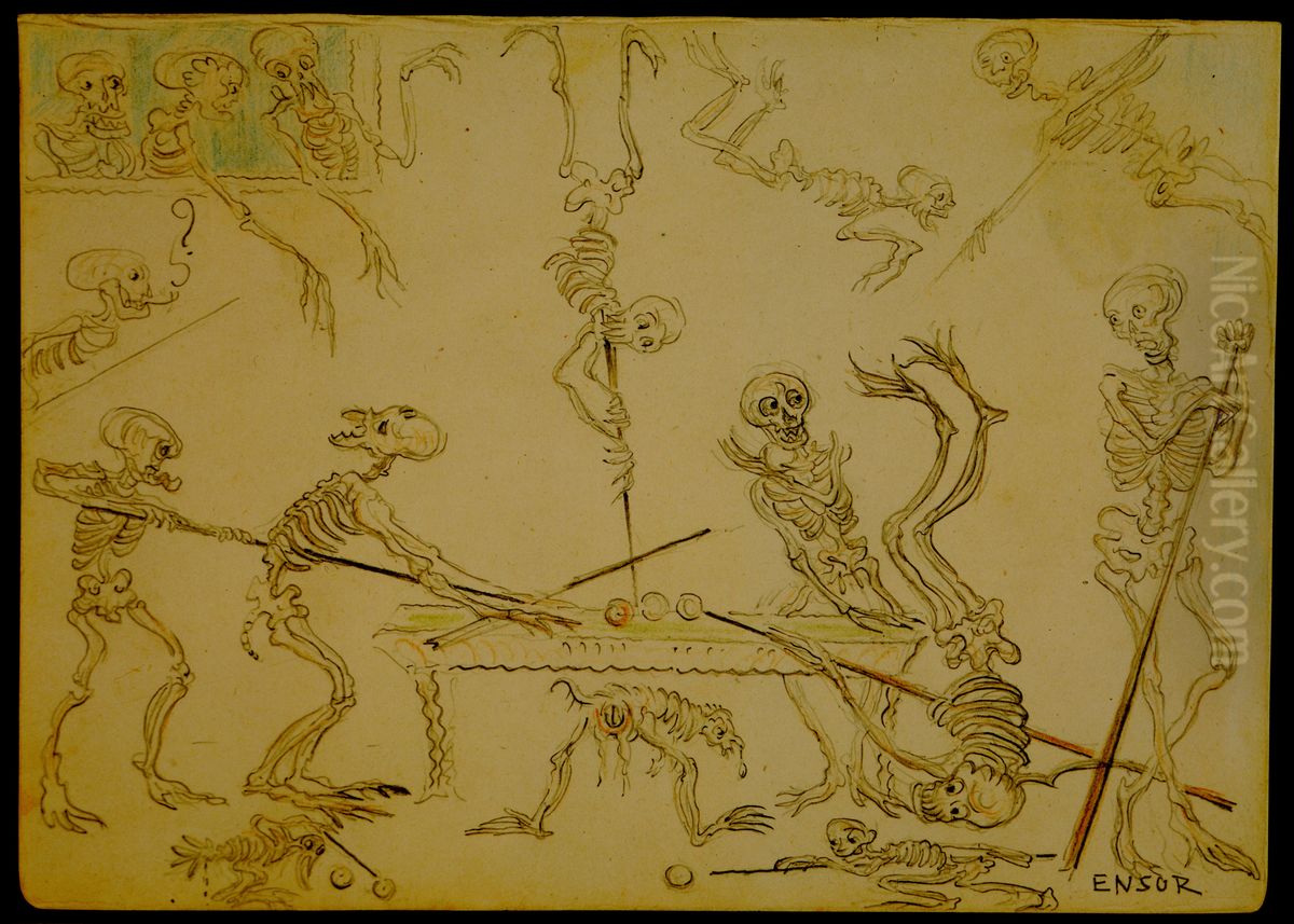 Biljartspelende geraamten Oil Painting by James Ensor