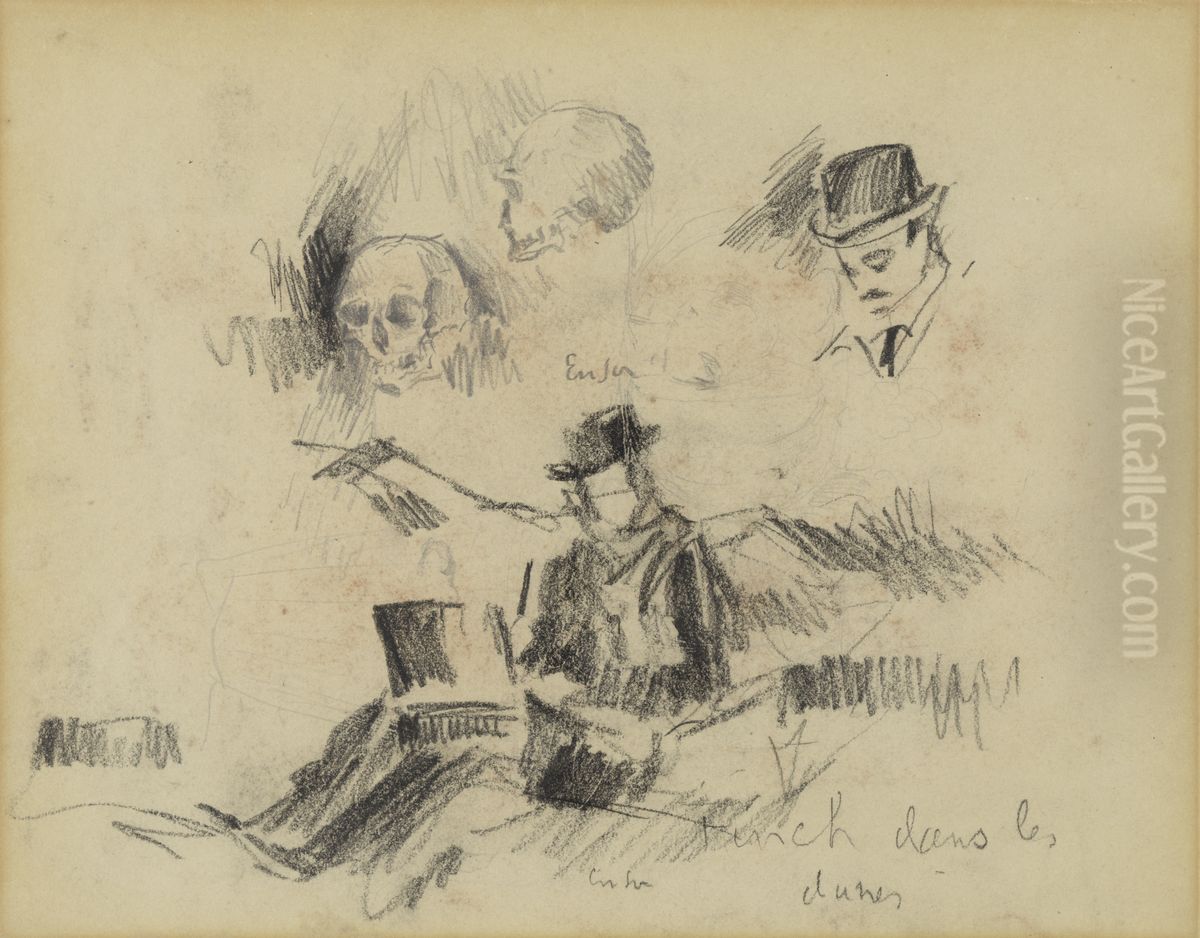 Doodshoofden en Willy Finch in de duinen (recto) Oil Painting by James Ensor