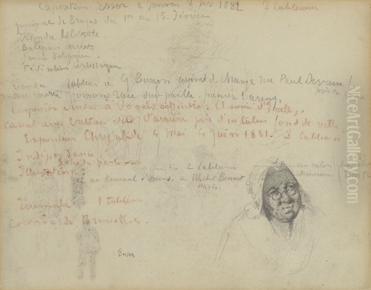 Tekst en hoofd van een vrouw met bril en figuren (verso) Oil Painting by James Ensor