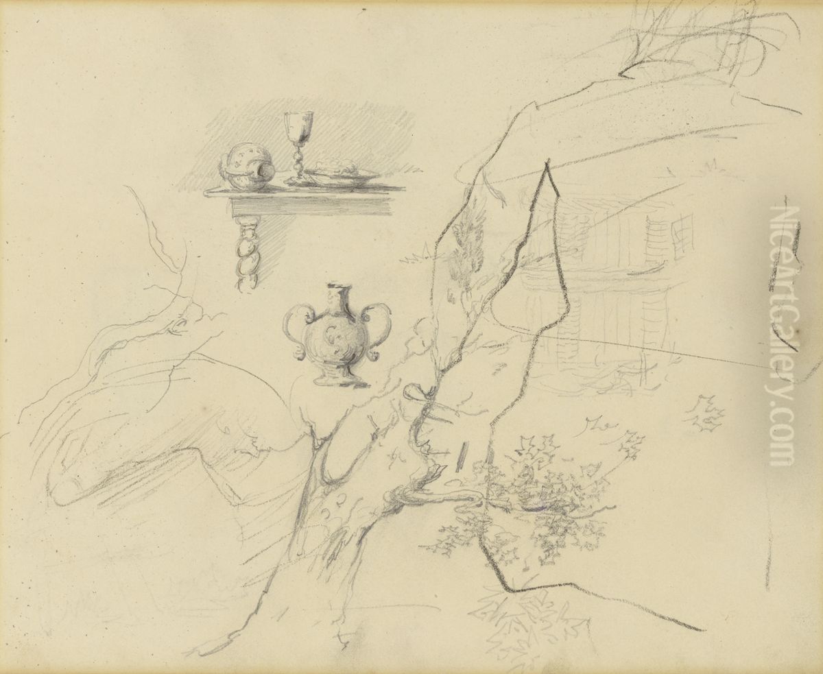 Fragment van een boom, stilleven op een barokke tafel, kruik en figuren (verso) Oil Painting by James Ensor