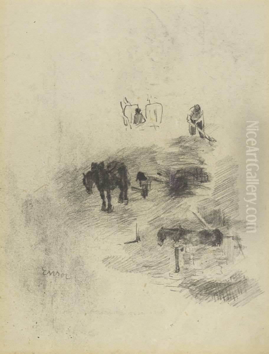 Paarden, kar en werkman Oil Painting by James Ensor