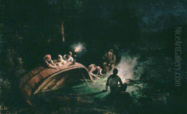Canoe Party around Campfire Oil Painting by Frances Anne Hopkins