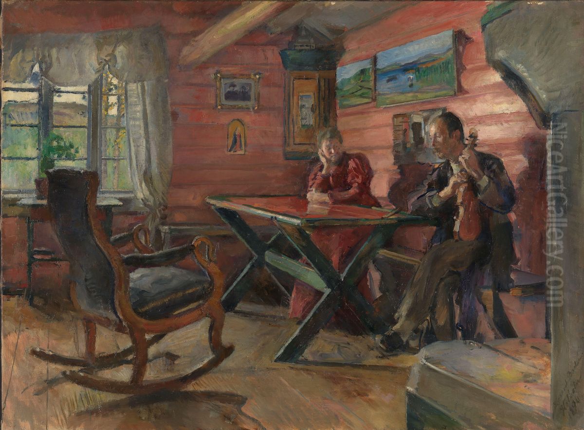 The Living Room at Kolbotn, (Hulda and Arne Garborg's home) Oil Painting by Harriet Backer