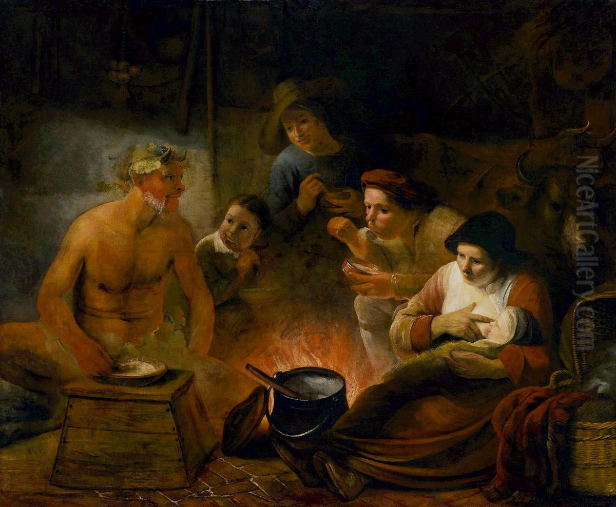 Satyr among peasants (Aesop, Fables, J. de La Fontaine, V, 7) Oil Painting by Constantijn a Renesse