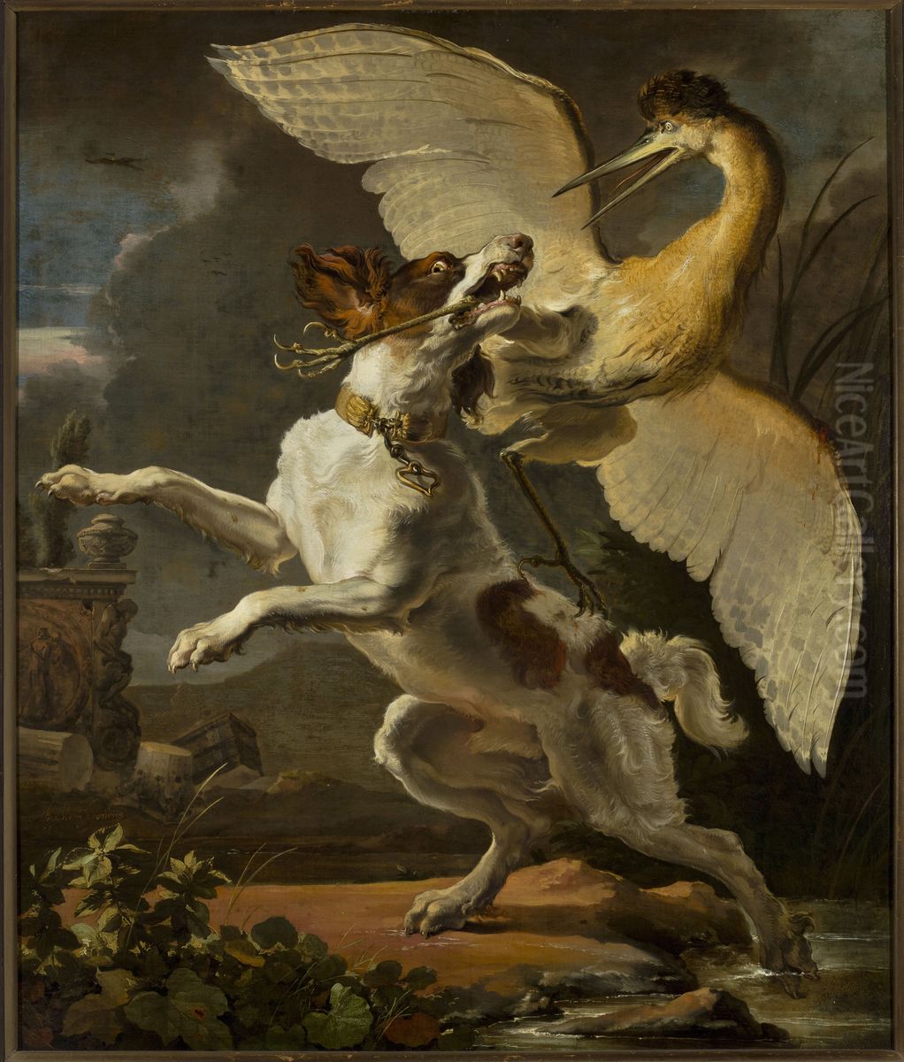 Dog fighting a heron Oil Painting by Abraham Danielsz. Hondius
