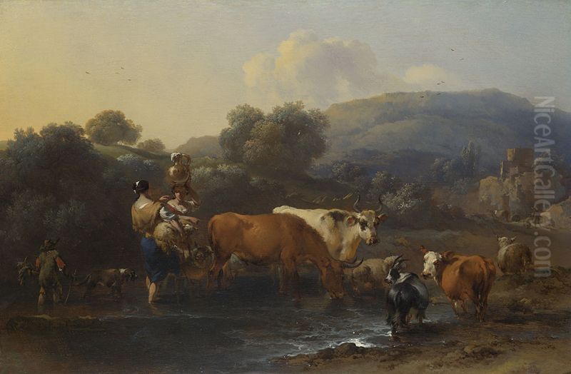 Peasants with Cattle fording a Stream Oil Painting by Nicolaes Pieterszoon Berchem