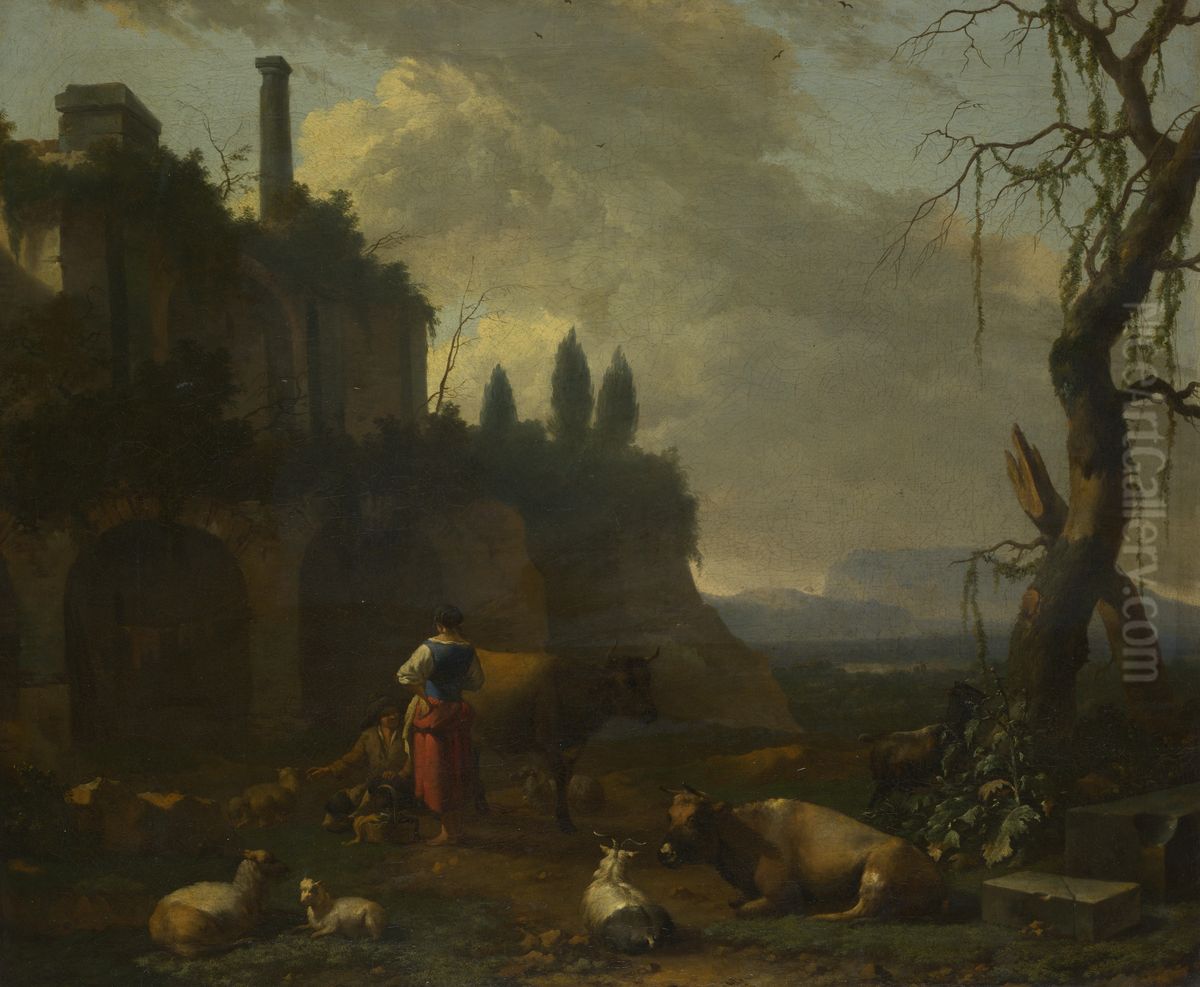 Peasants with Cattle by a Ruin Oil Painting by Abraham Begeyn