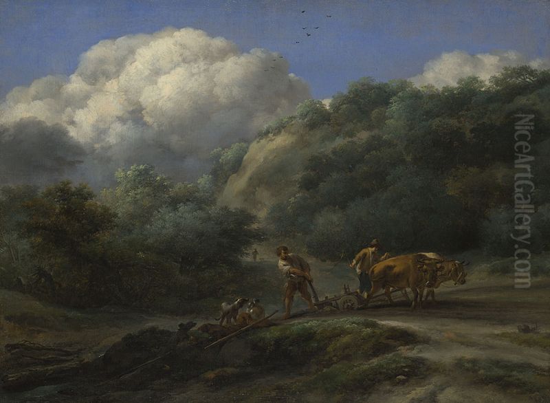 A Man and a Youth ploughing with Oxen Oil Painting by Nicolaes Pieterszoon Berchem