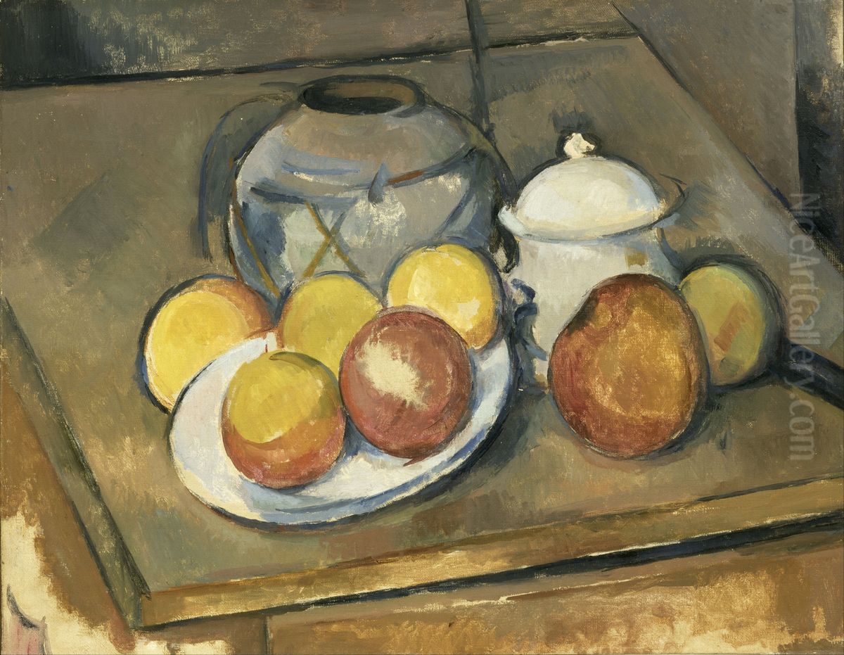 Vase paille, sucrier et pommes Oil Painting by Paul Cezanne