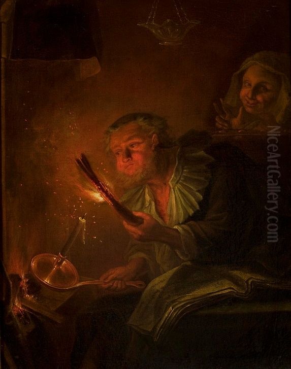 Alchemist in his workshop. Oil Painting by Godfried Schalcken