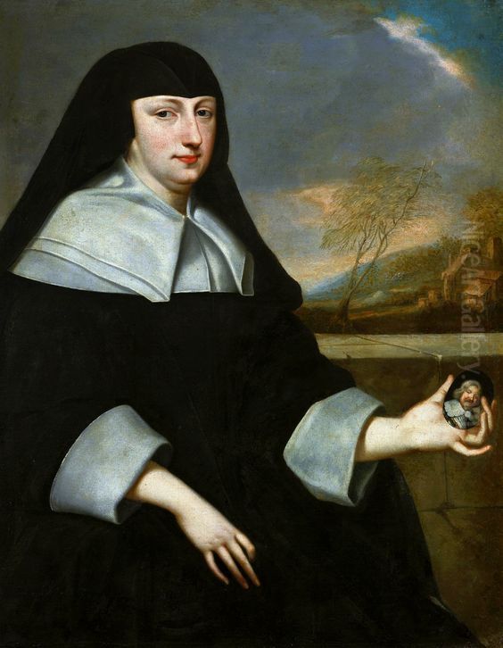 Portrait of a widow with a miniature in her hand (Maria Felice Orsini 1600-1666)? Oil Painting by Henri and Charles Beaubrun