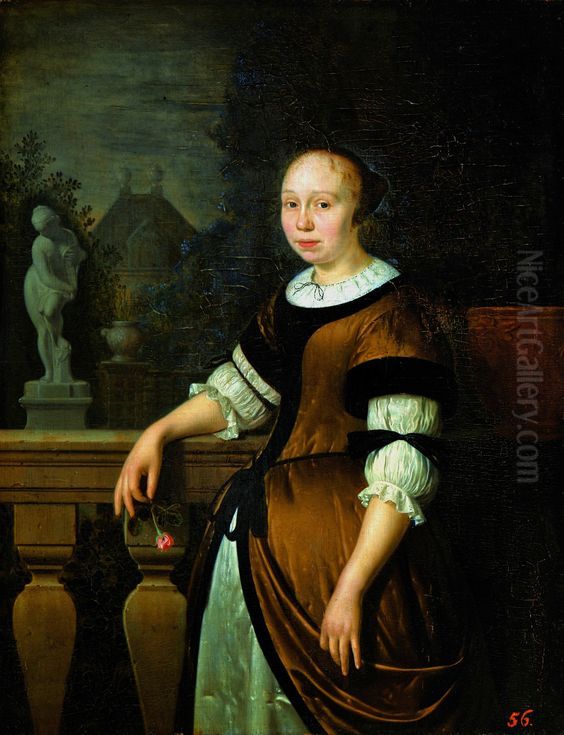Portrait of a young lady with a rosebud Oil Painting by Pieter Cornelisz van Slingelandt