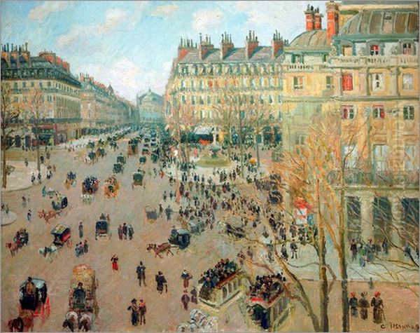 Place du Theatre-Francais and Avenue de l'Opera, Winter Effect of Sunlight Oil Painting by Camille Pissarro