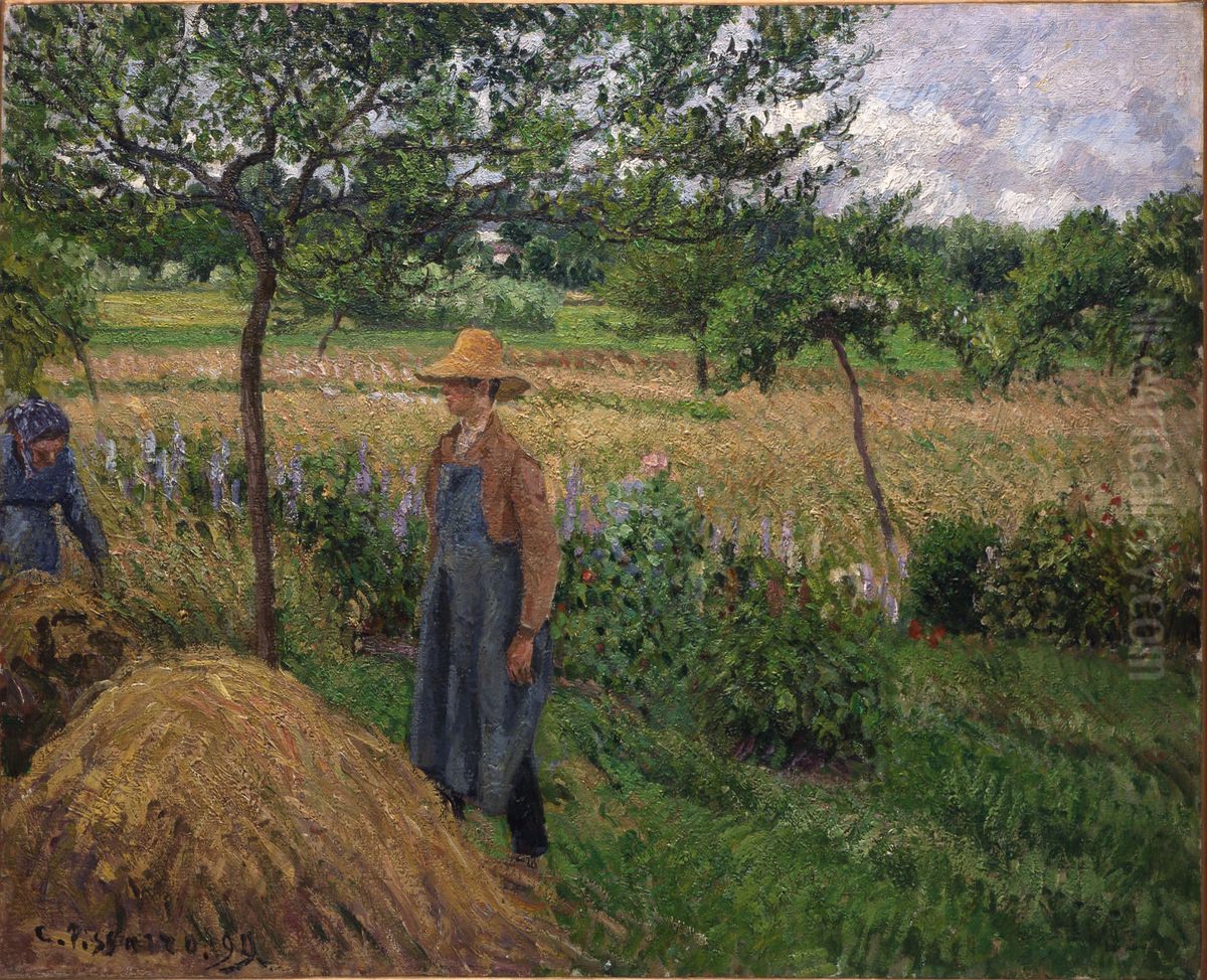 Gardener Standing by a Haystack, Overcast Sky, Eragny Oil Painting by Camille Pissarro