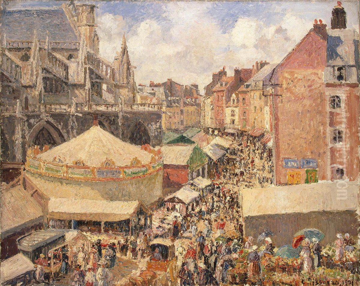 Fair in Dieppe, Sunny Morning Oil Painting by Camille Pissarro