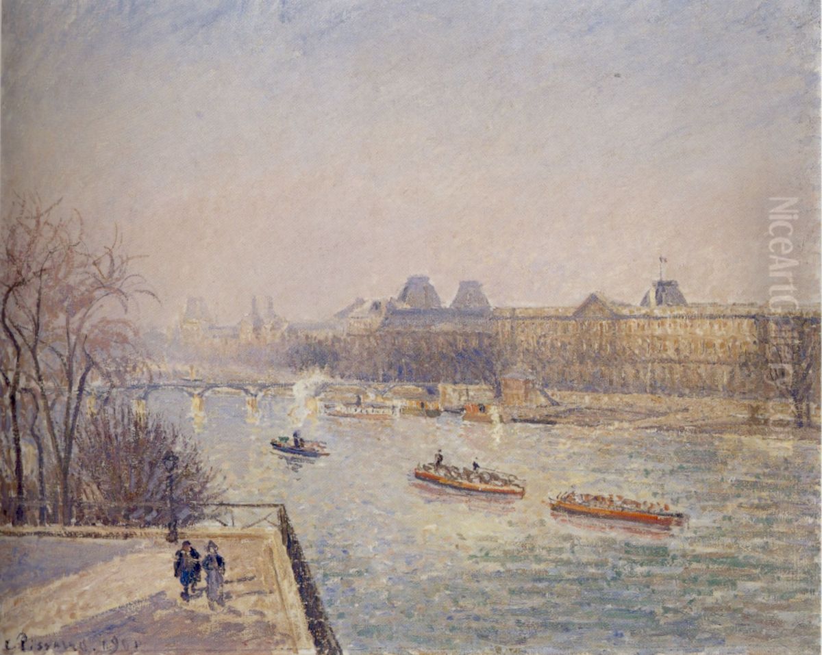 Morning, Winter Sunshine, Frost, the Pont-Neuf, the Seine, the Louvre, Soleil D'hiver Gella Blanc Oil Painting by Camille Pissarro