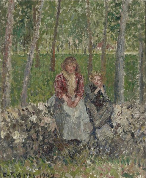 Peasant Women under the Trees at Moret Oil Painting by Camille Pissarro