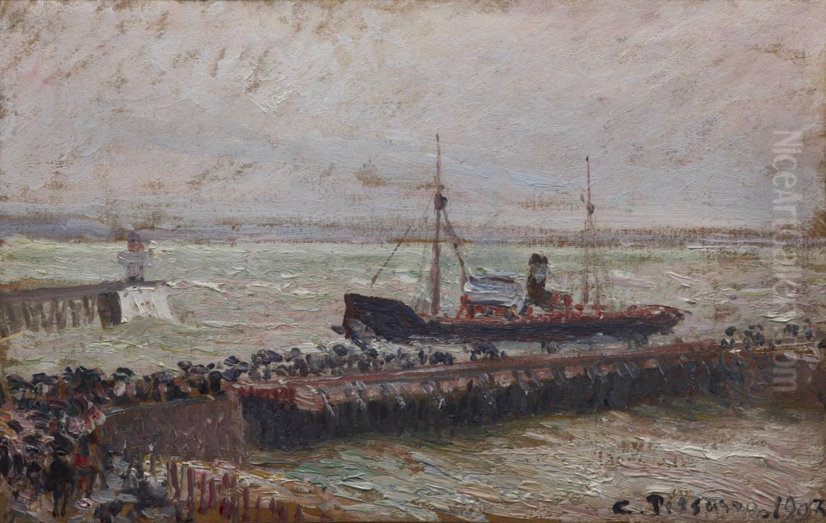 Entrance to the Harbour at Le Havre, Overcast Sky Oil Painting by Camille Pissarro