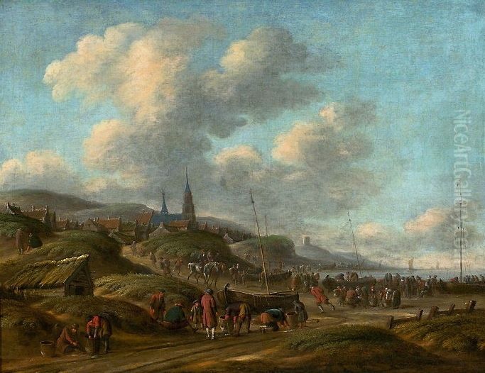 The sea coast at Scheveningen. Oil Painting by Thomas Heeremans