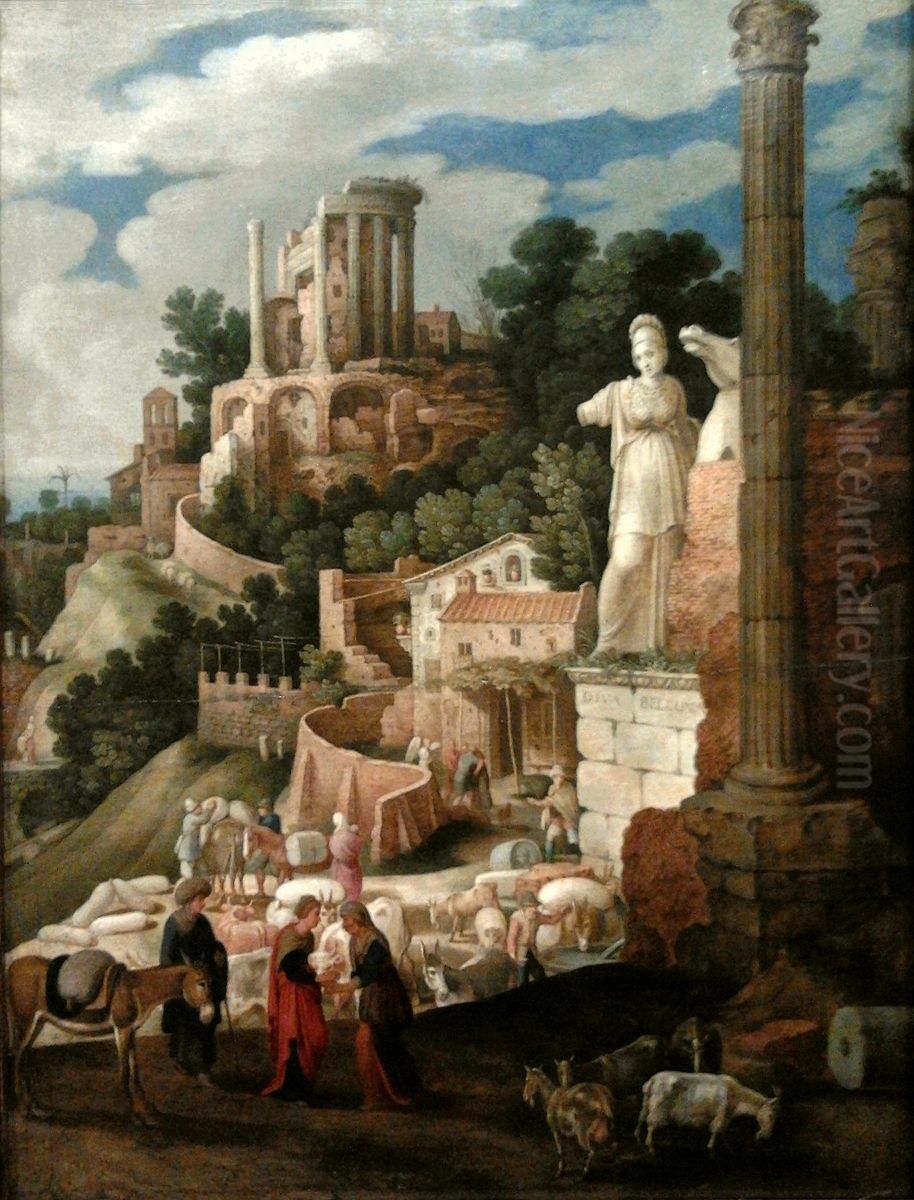 Landscape with classical ruins and the return of Tobias to his parents Oil Painting by Willem van Nieulandt II